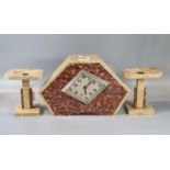 Art Deco marble geometric design clock garniture set with chrome and silvered face, probably French.