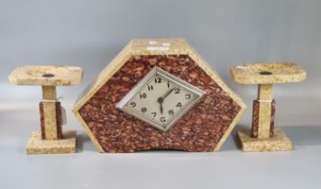Art Deco marble geometric design clock garniture set with chrome and silvered face, probably French.