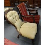 Victorian walnut framed button back upholstered fireside or nursing chair, together with a 19th