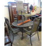 Patinated aluminium dining table and chairs set with weather proof wicker-work panels. (5) (B.P. 21%