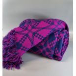 Vintage woollen fringed edge geometric design pink and dark blue ground Welsh tapestry blanket. (B.