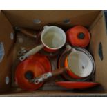 Box of six vintage Le Creuset French cast iron pans with turned wooden handles and lids. (B.P. 21% +