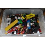 Plastic box comprising a large collection of playworn diecast and other model vehicles: cars,