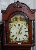 19th century mahogany eight day long case clock with arched painted Roman face having seconds