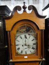 19th century pine long case clock, having painted dial marked 'R C Unthank, Stokesley' to the