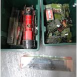 Box of playworn Dinky Toys and Matchbox Military vehicles including: Leopard Tank, Shado 2, DAF