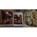 Two boxes of playworn diecast model vehicles: vintage style cars, Formula 1 racing cars etc.
