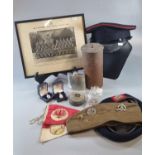 Wicker box of assorted Miliaria items to include: Cap, photograph, Forage cap with badges, Welsh