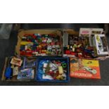 Two boxes of mainly playworn and diecast model vehicles: cars, planes, Lledo, Highbrid remote