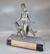 Art Deco style spelter figure of a lady and dog on marble base. (B.P. 21% + VAT)