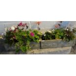 Pair of composition garden troughs with plants together with another composition square shaped