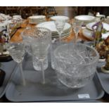 Tray of glassware to include: cut glass drinking glasses and dessert bowls and four cordial