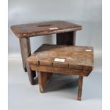 Two small rustic stools, one with hand hole and shaped sides. (2) (B.P. 21% + VAT)