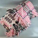 Vintage cream and pink ground woollen Welsh tapestry blanket with traditional Caernarfon design