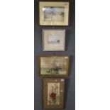 Group of assorted furnishing pictures to include: three water colours, street scene, coastal scene