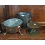 Two handled vintage copper pan together with another copper 'Friar' filter on three paw feet and a