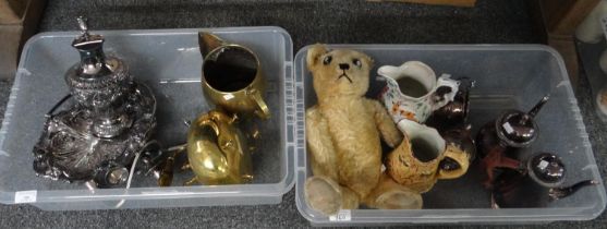 Two boxes of assorted items to include: brass kettle and jug, various silver plated items;