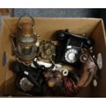 Box of assorted items to include: vintage rotary telephones, copper 'Masthead' lantern converted
