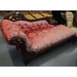 Victorian mahogany upholstered chaise longue on baluster turned legs, brass cups and ceramic