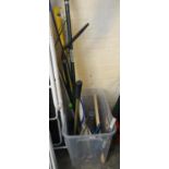 Box of assorted hand tools including: loppers, edging shears, long handled shears, spirit levels,