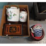 Box of assorted items to include: a burr wood inlaid and lacquered jewellery box, two floral hand