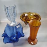 Collection of glassware to include: 'Chance' French blue glass handkerchief vase, Art Deco style