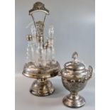 Early 20th century silver plated and glass five piece condiment set with single handle together with