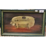 Naïve School study of a Prize Pig. Oils on panel. (Modern). 19x35cm approx. Framed. (B.P. 21% + VAT)