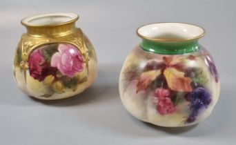 Royal Worcester Hadley style pot pourri vase decorated with roses, lacking its cover, 8cm high