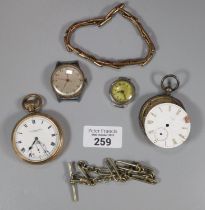 Gold plated gentleman's wrist watch, 19th century key wind open faced pocket watch and a gold plated