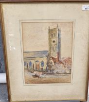 P Curzow (19th century British), study of a church. Watercolours. 32cm x23.5cm approx. Framed and