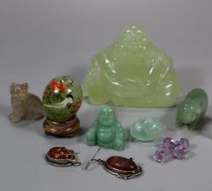 Box of assorted Oriental and other green hardstone items to include: seated Buddha, miniature