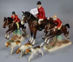 Collection of ceramic hunting group figurines to include: huntsmen and women on horses and hunting