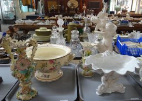 Two trays of china to include: pair of probably continental floral encrusted vases, composition