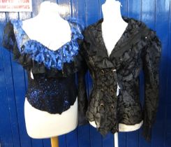 Collection of vintage ladies evening/stage tops and accessories to include; a flocked rose pattern