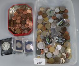 Large collection of coins including: QEII Crowns, US coins, two silver coins, hallmarked miniature