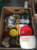 Box of assorted items to include; an empty bottle of Ricard 450cl on Ricard swing decanter holder,