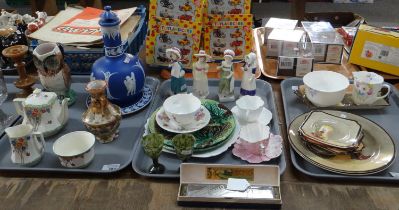 Three trays of china to include: Jasperware lidded bottle vase and plate, Crown Devon Fieldings