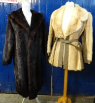 Dark brown 3/4 length vintage mink fur coat, together with a 1970's belted striped leather and