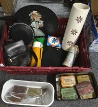 Box of mixed items to include: cylinder vase, water bottles, thermos, D'Addairo guitar strings,