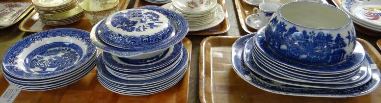 Two trays of blue and white china to include: Wedgwood & Co 'willow' design; bowls, plates, lidded