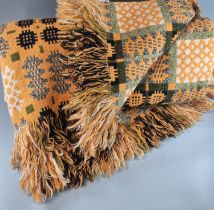 Orange ground vintage woollen Welsh tapestry traditional Caernarfon design blanket with fringed