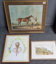 Two Welsh School watercolours including Strumble Head with a horseracing print. Framed. (3) (B.P.