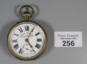 Bentina white metal open faced Railway timekeeper top wind pocket watch with Roman numerals and
