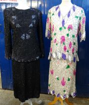 Two sequin beaded silk skirt and top sets; one multicolour and one black with long sleeve top. (