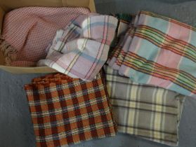 Box of six woollen vintage blankets or carthen to include: check blankets in various colours and a