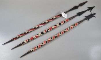 A group of three African ceremonial beaded spear heads. (B.P. 21% + VAT)