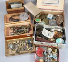 Box of oddments to include: brass bottle opener in the form of a nude lady, propelling pencil,