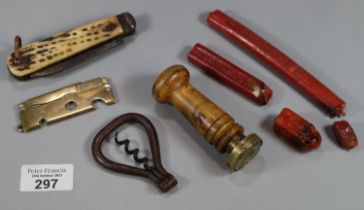 Collection of oddments to include: seal, Edwardian corkscrew, bone pocket knife, brass jigger