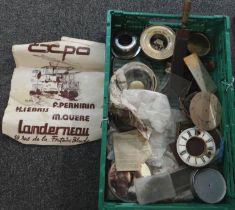 Box of assorted clock and barometer parts to include: glasses, dials etc. Together with a razor